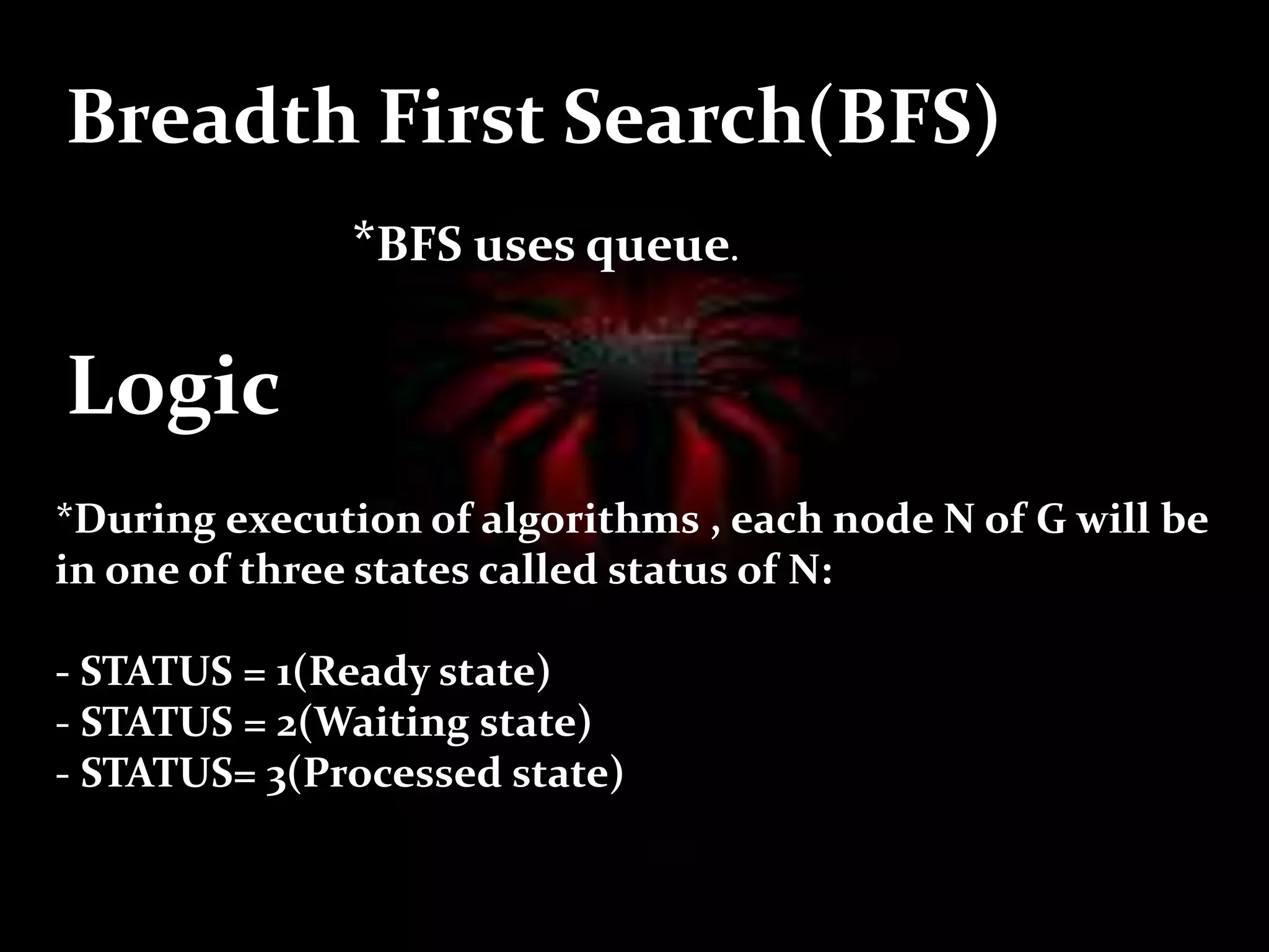 Breadth First Search(BFS)
*BFS uses queue.
Logic
*During execution of algorithms , each node N of G will be
in one of three states called status of N:
- STATUS = 1(Ready state)
- STATUS = 2(Waiting state)
- STATUS= 3(Processed state)
 
