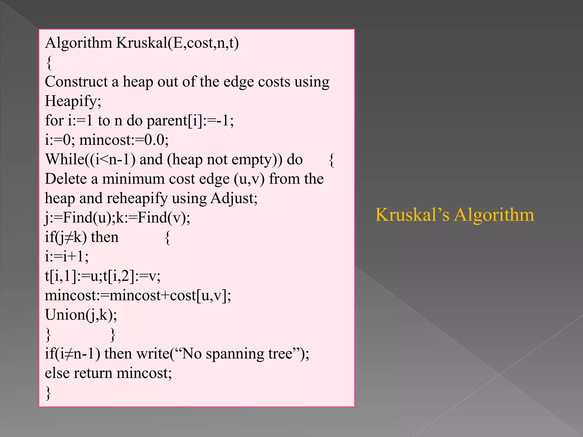 Algorithm Kruskal(E,cost,n,t)
{
Construct a heap out of the edge costs using
Heapify;
for i:=1 to n do parent[i]:=-1;
i:=0; mincost:=0.0;
While((i<n-1) and (heap not empty)) do {
Delete a minimum cost edge (u,v) from the
heap and reheapify using Adjust;
j:=Find(u);k:=Find(v);
if(j≠k) then {
i:=i+1;
t[i,1]:=u;t[i,2]:=v;
mincost:=mincost+cost[u,v];
Union(j,k);
} }
if(i≠n-1) then write(“No spanning tree”);
else return mincost;
}
Kruskal’s Algorithm
 