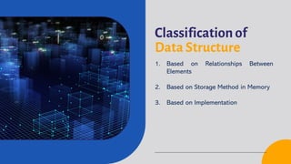 Classification of
Data Structure
1. Based on Relationships Between
Elements
2. Based on Storage Method in Memory
3. Based on Implementation
 