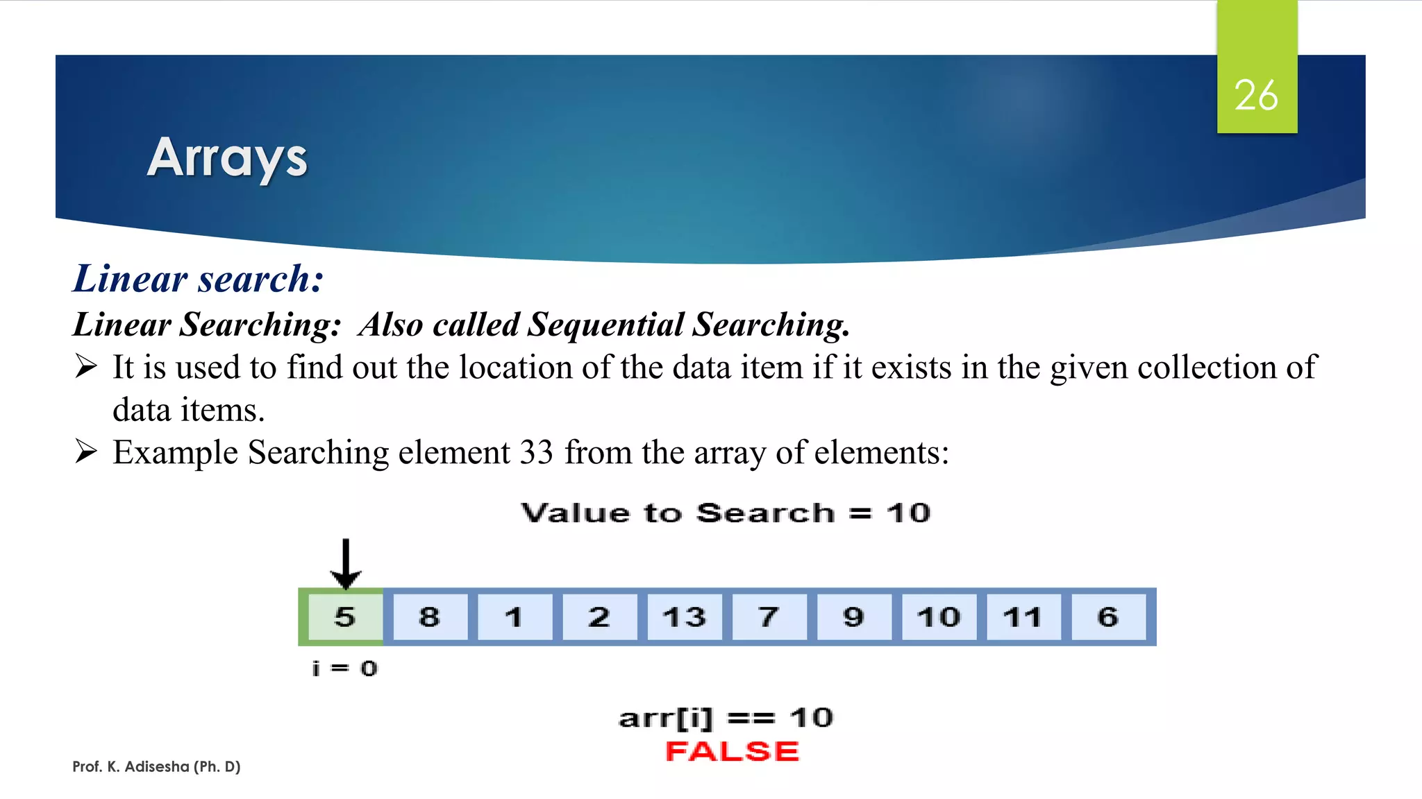Arrays
Prof. K. Adisesha (Ph. D)
26
Linear search:
Linear Searching: Also called Sequential Searching.
➢ It is used to find out the location of the data item if it exists in the given collection of
data items.
➢ Example Searching element 33 from the array of elements:
 