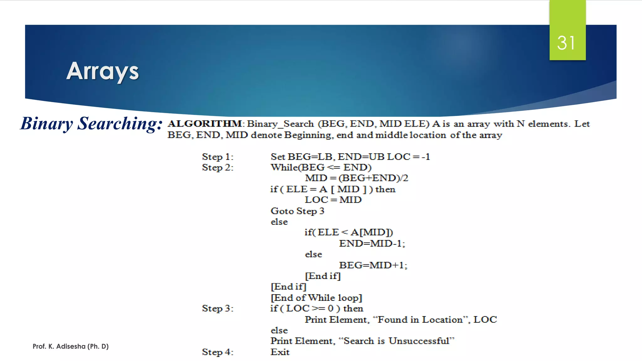 Arrays
Prof. K. Adisesha (Ph. D)
31
Binary Searching:
 