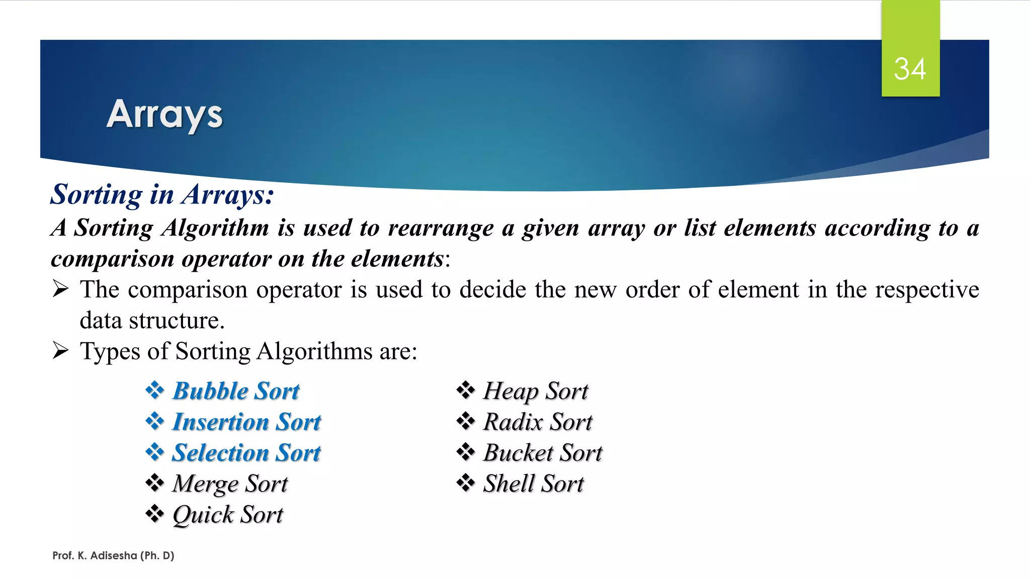 Arrays
Prof. K. Adisesha (Ph. D)
34
Sorting in Arrays:
A Sorting Algorithm is used to rearrange a given array or list elements according to a
comparison operator on the elements:
➢ The comparison operator is used to decide the new order of element in the respective
data structure.
➢ Types of Sorting Algorithms are:
❖ Bubble Sort
❖ Insertion Sort
❖ Selection Sort
❖ Merge Sort
❖ Quick Sort
❖ Heap Sort
❖ Radix Sort
❖ Bucket Sort
❖ Shell Sort
 