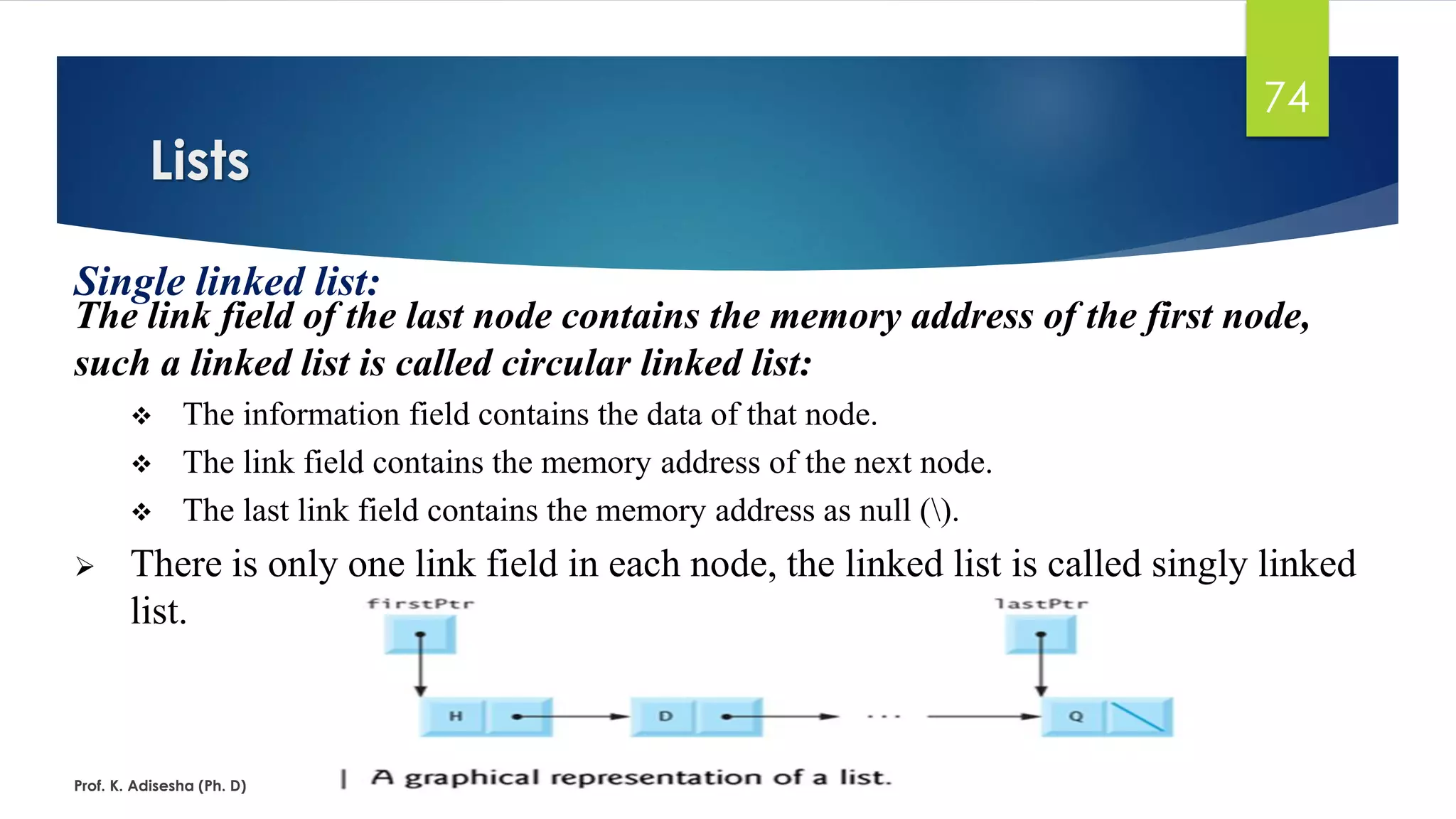 Lists
Prof. K. Adisesha (Ph. D)
74
Single linked list:
The link field of the last node contains the memory address of the first node,
such a linked list is called circular linked list:
❖ The information field contains the data of that node.
❖ The link field contains the memory address of the next node.
❖ The last link field contains the memory address as null ().
➢ There is only one link field in each node, the linked list is called singly linked
list.
 