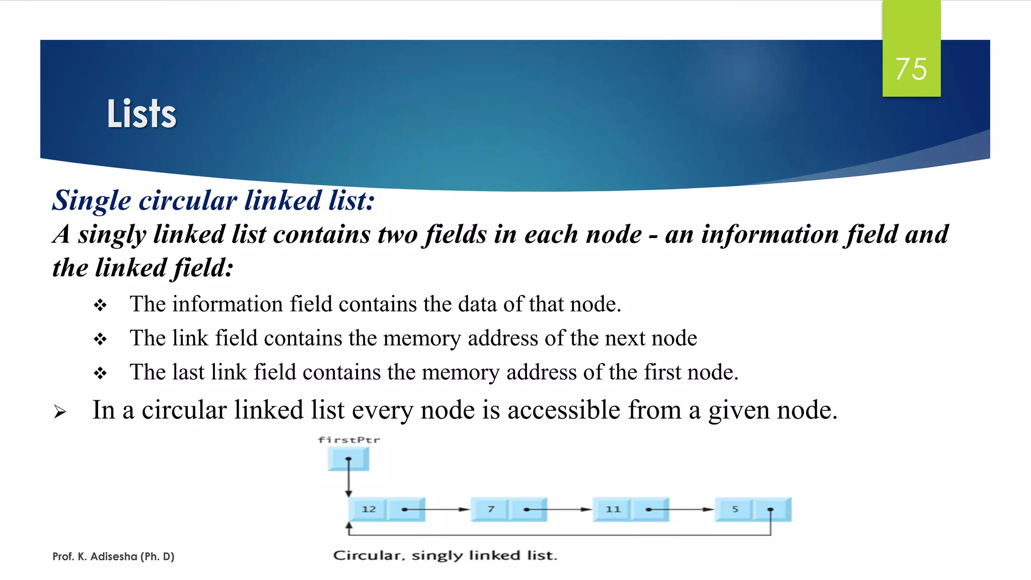 Lists
Prof. K. Adisesha (Ph. D)
75
Single circular linked list:
A singly linked list contains two fields in each node - an information field and
the linked field:
❖ The information field contains the data of that node.
❖ The link field contains the memory address of the next node
❖ The last link field contains the memory address of the first node.
➢ In a circular linked list every node is accessible from a given node.
 