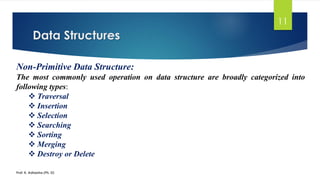 Data Structures
Prof. K. Adisesha (Ph. D)
11
Non-Primitive Data Structure:
The most commonly used operation on data structure are broadly categorized into
following types:
❖ Traversal
❖ Insertion
❖ Selection
❖ Searching
❖ Sorting
❖ Merging
❖ Destroy or Delete
 
