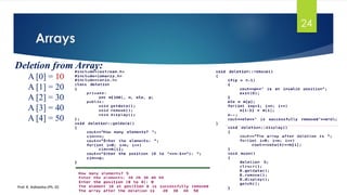 Arrays
Prof. K. Adisesha (Ph. D)
24
Deletion from Array:
A [0] = 10
A [1] = 20
A [2] = 30
A [3] = 40
A [4] = 50
 