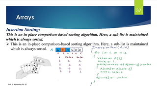 Arrays
Prof. K. Adisesha (Ph. D)
37
Insertion Sorting:
This is an in-place comparison-based sorting algorithm. Here, a sub-list is maintained
which is always sorted.
➢ This is an in-place comparison-based sorting algorithm. Here, a sub-list is maintained
which is always sorted.
 