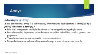 Arrays
Prof. K. Adisesha (Ph. D)
46
Advantages of Array
:A two dimensional array is a collection of elements and each element is identified by a
pair of subscripts. ( A[m] [n] )
➢ It is used to represent multiple data items of same type by using single name.
➢ It can be used to implement other data structures like linked lists, stacks, queues, tree,
graphs etc.
➢ Two-dimensional arrays are used to represent matrices.
➢ Many databases include one-dimensional arrays whose elements are records.
 