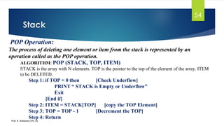 ALGORITHM: POP (STACK, TOP, ITEM)
STACK is the array with N elements. TOP is the pointer to the top of the element of the array. ITEM
to be DELETED.
Step 1: if TOP = 0 then [Check Underflow]
PRINT “ STACK is Empty or Underflow”
Exit
[End if]
Step 2: ITEM = STACK[TOP] [copy the TOP Element]
Step 3: TOP = TOP - 1 [Decrement the TOP]
Step 4: Return
Stack
Prof. K. Adisesha (Ph. D)
54
POP Operation:
The process of deleting one element or item from the stack is represented by an
operation called as the POP operation.
 