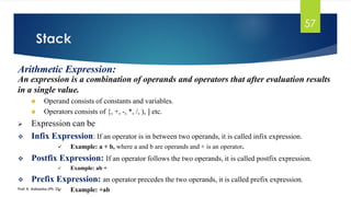 An expression is a combination of operands and operators that after evaluation results
in a single value.
◼ Operand consists of constants and variables.
◼ Operators consists of {, +, -, *, /, ), ] etc.
➢ Expression can be
❖ Infix Expression: If an operator is in between two operands, it is called infix expression.
✓ Example: a + b, where a and b are operands and + is an operator.
❖ Postfix Expression: If an operator follows the two operands, it is called postfix expression.
✓ Example: ab +
❖ Prefix Expression: an operator precedes the two operands, it is called prefix expression.
✓ Example: +ab
Stack
Prof. K. Adisesha (Ph. D)
57
Arithmetic Expression:
 