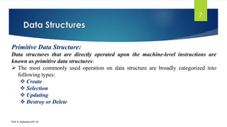 Data Structures
Prof. K. Adisesha (Ph. D)
7
Primitive Data Structure:
Data structures that are directly operated upon the machine-level instructions are
known as primitive data structures:
➢ The most commonly used operation on data structure are broadly categorized into
following types:
❖ Create
❖ Selection
❖ Updating
❖ Destroy or Delete
 