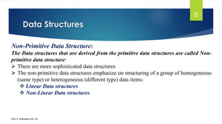 Data Structures
Prof. K. Adisesha (Ph. D)
8
Non-Primitive Data Structure:
The Data structures that are derived from the primitive data structures are called Non-
primitive data structure:
➢ There are more sophisticated data structures
➢ The non-primitive data structures emphasize on structuring of a group of homogeneous
(same type) or heterogeneous (different type) data items:
❖ Linear Data structures
❖ Non-Linear Data structures
 