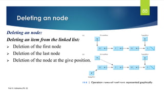 88
Deleting an item from the linked list:
➢ Deletion of the first node
➢ Deletion of the last node
➢ Deletion of the node at the give position.
Deleting an node
Deleting an node:
Prof. K. Adisesha (Ph. D)
 