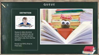 Q U E U E
Queue is data structure
whose its element can be
added in the last element
and taken only from the first
element.
Known as FIFO (First In
First Out).
DEFINITION
 