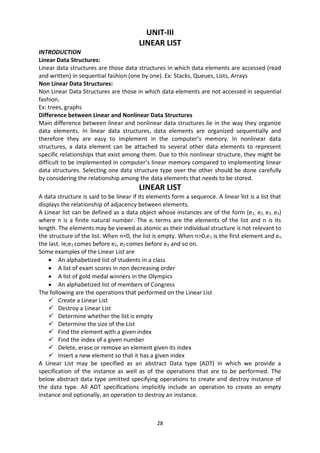 28
UNIT-III
LINEAR LIST
INTRODUCTION
Linear Data Structures:
Linear data structures are those data structures in which data elements are accessed (read
and written) in sequential fashion (one by one). Ex: Stacks, Queues, Lists, Arrays
Non Linear Data Structures:
Non Linear Data Structures are those in which data elements are not accessed in sequential
fashion.
Ex: trees, graphs
Difference between Linear and Nonlinear Data Structures
Main difference between linear and nonlinear data structures lie in the way they organize
data elements. In linear data structures, data elements are organized sequentially and
therefore they are easy to implement in the computer’s memory. In nonlinear data
structures, a data element can be attached to several other data elements to represent
specific relationships that exist among them. Due to this nonlinear structure, they might be
difficult to be implemented in computer’s linear memory compared to implementing linear
data structures. Selecting one data structure type over the other should be done carefully
by considering the relationship among the data elements that needs to be stored.
LINEAR LIST
A data structure is said to be linear if its elements form a sequence. A linear list is a list that
displays the relationship of adjacency between elements.
A Linear list can be defined as a data object whose instances are of the form (e1, e2, e3…en)
where n is a finite natural number. The ei terms are the elements of the list and n is its
length. The elements may be viewed as atomic as their individual structure is not relevant to
the structure of the list. When n=0, the list is empty. When n>0,e1 is the first element and en
the last. Ie;e1 comes before e2, e2 comes before e3 and so on.
Some examples of the Linear List are
 An alphabetized list of students in a class
 A list of exam scores in non decreasing order
 A list of gold medal winners in the Olympics
 An alphabetized list of members of Congress
The following are the operations that performed on the Linear List
 Create a Linear List
 Destroy a Linear List
 Determine whether the list is empty
 Determine the size of the List
 Find the element with a given index
 Find the index of a given number
 Delete, erase or remove an element given its index
 Insert a new element so that it has a given index
A Linear List may be specified as an abstract Data type (ADT) in which we provide a
specification of the instance as well as of the operations that are to be performed. The
below abstract data type omitted specifying operations to create and destroy instance of
the data type. All ADT specifications implicitly include an operation to create an empty
instance and optionally, an operation to destroy an instance.
 