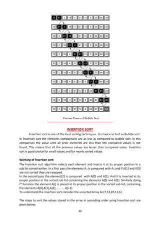 40
INSERTION SORT
Insertion sort is one of the best sorting techniques. It is twice as fast as Bubble sort.
In Insertion sort the elements comparisons are as less as compared to bubble sort. In this
comparison the value until all prior elements are less than the compared values is not
found. This means that all the previous values are lesser than compared value. Insertion
sort is good choice for small values and for nearly sorted values.
Working of Insertion sort:
The Insertion sort algorithm selects each element and inserts it at its proper position in a
sub list sorted earlier. In a first pass the elements A1 is compared with A0 and if A[1] and A[0]
are not sorted they are swapped.
In the second pass the element[2] is compared with A[0] and A[1]. And it is inserted at its
proper position in the sorted sub list containing the elements A[0] and A[1]. Similarly doing
ith
iteration the element A[i] is placed at its proper position in the sorted sub list, containing
the elements A[0],A[1],A[2],…………A[i-1].
To understand the insertion sort consider the unsorted Array A={7,33,20,11,6}.
The steps to sort the values stored in the array in ascending order using Insertion sort are
given below:
 