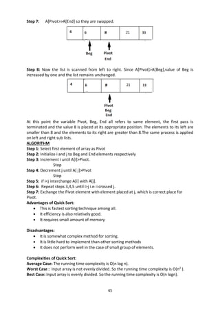 45
Step 7: A[Pivot>>A[End] so they are swapped.
Step 8: Now the list is scanned from left to right. Since A[Pivot]>A[Beg],value of Beg is
increased by one and the list remains unchanged.
At this point the variable Pivot, Beg, End all refers to same element, the first pass is
terminated and the value 8 is placed at its appropriate position. The elements to its left are
smaller than 8 and the elements to its right are greater than 8.The same process is applied
on left and right sub lists.
ALGORITHM
Step 1: Select first element of array as Pivot
Step 2: Initialize i and j to Beg and End elements respectively
Step 3: Increment i until A[i]>Pivot.
Stop
Step 4: Decrement j until A[ j]>Pivot
Stop
Step 5: if i<j interchange A[i] with A[j].
Step 6: Repeat steps 3,4,5 until i>j i.e: i crossed j.
Step 7: Exchange the Pivot element with element placed at j, which is correct place for
Pivot.
Advantages of Quick Sort:
 This is fastest sorting technique among all.
 It efficiency is also relatively good.
 It requires small amount of memory
Disadvantages:
 It is somewhat complex method for sorting.
 It is little hard to implement than other sorting methods
 It does not perform well in the case of small group of elements.
Complexities of Quick Sort:
Average Case: The running time complexity is O(n log n).
Worst Case : Input array is not evenly divided. So the running time complexity is O(n2
).
Best Case: Input array is evenly divided. So the running time complexity is O(n logn).
 
