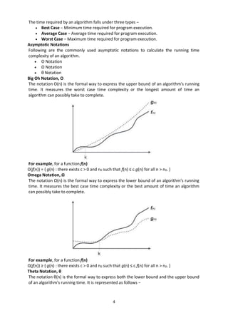 4
The time required by an algorithm falls under three types −
 Best Case − Minimum time required for program execution.
 Average Case − Average time required for program execution.
 Worst Case − Maximum time required for program execution.
Asymptotic Notations
Following are the commonly used asymptotic notations to calculate the running time
complexity of an algorithm.
 Ο Notation
 Ω Notation
 θ Notation
Big Oh Notation, Ο
The notation Ο(n) is the formal way to express the upper bound of an algorithm's running
time. It measures the worst case time complexity or the longest amount of time an
algorithm can possibly take to complete.
For example, for a function f(n)
Ο(f(n)) = { g(n) : there exists c > 0 and n0 such that f(n) ≤ c.g(n) for all n > n0. }
Omega Notation, Ω
The notation Ω(n) is the formal way to express the lower bound of an algorithm's running
time. It measures the best case time complexity or the best amount of time an algorithm
can possibly take to complete.
For example, for a function f(n)
Ω(f(n)) ≥ { g(n) : there exists c > 0 and n0 such that g(n) ≤ c.f(n) for all n > n0. }
Theta Notation, θ
The notation θ(n) is the formal way to express both the lower bound and the upper bound
of an algorithm's running time. It is represented as follows −
 