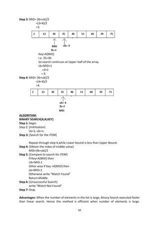 50
Step 3: MID= [lb+ub]/2
=(3+4)/2
=3.
Key>A[MID]
i.e. 35>30.
So search continues at Upper Half of the array.
Lb=MID+1
=3+1
= 4.
Step 4: MID= [lb+ub]/2
=(4+4)/2
=4.
ALGORITHM:
BINARY SEARCH[A,N,KEY]
Step 1: begin
Step 2: [Initilization]
Lb=1; ub=n;
Step 3: [Search for the ITEM]
Repeat through step 4,while Lower bound is less than Upper Bound.
Step 4: [Obtain the index of middle value]
MID=(lb+ub)/2
Step 5: [Compare to search for ITEM]
If Key<A[MID] then
Ub=MID-1
Other wise if Key >A[MID] then
Lb=MID+1
Otherwise write “Match Found”
Return Middle.
Step 6: [Unsuccessful Search]
write “Match Not Found”
Step 7: Stop.
Advantages: When the number of elements in the list is large, Binary Search executed faster
than linear search. Hence this method is efficient when number of elements is large.
 