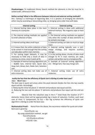 51
Disadvantages: To implement Binary Search method the elements in the list must be in
sorted order, otherwise it fails.
Define sorting? What is the difference between internal and external sorting methods?
Ans:- Sorting is a technique of organizing data. It is a process of arranging the elements
either may be ascending or descending order, ie; bringing some order lines with data.
Internal sorting External sorting
1. Internal Sorting takes place in the main
memory of a computer.
1. External sorting is done with additional
external memory like magnetic tape or hard
disk
2. The internal sorting methods are applied
to small collection of data.
2. The External sorting methods are applied
only when the number of data elements to
be sorted is too large.
3. Internal sorting takes small input 3. External sorting can take as much as large
input.
4. It means that, the entire collection of data
to be sorted in small enough that the sorting
can take place within main memory.
4. External sorting typically uses a sort-
merge strategy, and requires auxiliary
storage.
5. For sorting larger datasets, it may be
necessary to hold only a chunk of data in
memory at a time, since it wont all fit.
5. In the sorting phase, chunks of data small
enough to fit in main memory are read,
sorted, and written out to a temporary file.
6. Example of Internal Sorting algorithms are
:- Bubble Sort, Internal Sort, Quick Sort,
Heap Sort, Binary Sort, Radix Sort, Selection
sort.
6. Example of External sorting algorithms
are: - Merge Sort, Two-way merge sort.
7. Internal sorting does not make use of
extra resources.
7. External sorting make use of extra
resources.
Justify the fact that the efficiency of Quick sort is O(nlog n) under best case?
Ans:- Best Case:-
The best case in quick sort arises when the pivot element divides the lists into two exactly
equal sub lists. Accordingly
i) Reducing the initial list places '1' element and produces two equal sub lists.
ii) Reducing the two sub lists places '2' elements and produces four equal sub lists and son
on.
Observe that the reduction step in the k th
level finals the location of 2(k-1)
elements, hence there will be approximately log n levels of reduction. Further, each level
uses at most 'n' comparisons, So f(n) = O(n log n).Hence the efficiency of quick sort
algorithm is O(nlog n) under the best case.
Mathematical Proof:- Hence from the above, the recurrence relation for quick sort under
best case is given by
T(n)=2T(n/2) + kn
By using substitution method , we get
T(n)=2T(n/2)+Kn
=2{ 2T(n/4)+k.n/2}+kn
=4T(n/4) + 2kn
 