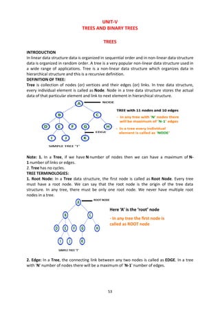 53
UNIT-V
TREES AND BINARY TREES
TREES
INTRODUCTION
In linear data structure data is organized in sequential order and in non-linear data structure
data is organized in random order. A tree is a very popular non-linear data structure used in
a wide range of applications. Tree is a non-linear data structure which organizes data in
hierarchical structure and this is a recursive definition.
DEFINITION OF TREE:
Tree is collection of nodes (or) vertices and their edges (or) links. In tree data structure,
every individual element is called as Node. Node in a tree data structure stores the actual
data of that particular element and link to next element in hierarchical structure.
Note: 1. In a Tree, if we have N number of nodes then we can have a maximum of N-
1 number of links or edges.
2. Tree has no cycles.
TREE TERMINOLOGIES:
1. Root Node: In a Tree data structure, the first node is called as Root Node. Every tree
must have a root node. We can say that the root node is the origin of the tree data
structure. In any tree, there must be only one root node. We never have multiple root
nodes in a tree.
2. Edge: In a Tree, the connecting link between any two nodes is called as EDGE. In a tree
with 'N' number of nodes there will be a maximum of 'N-1' number of edges.
 