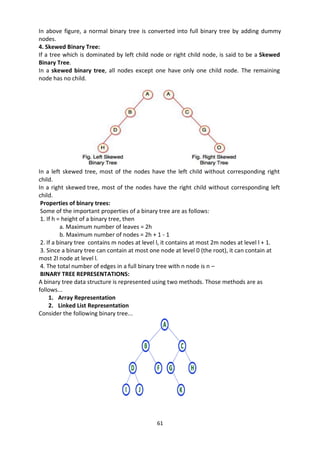 61
In above figure, a normal binary tree is converted into full binary tree by adding dummy
nodes.
4. Skewed Binary Tree:
If a tree which is dominated by left child node or right child node, is said to be a Skewed
Binary Tree.
In a skewed binary tree, all nodes except one have only one child node. The remaining
node has no child.
In a left skewed tree, most of the nodes have the left child without corresponding right
child.
In a right skewed tree, most of the nodes have the right child without corresponding left
child.
Properties of binary trees:
Some of the important properties of a binary tree are as follows:
1. If h = height of a binary tree, then
a. Maximum number of leaves = 2h
b. Maximum number of nodes = 2h + 1 - 1
2. If a binary tree contains m nodes at level l, it contains at most 2m nodes at level l + 1.
3. Since a binary tree can contain at most one node at level 0 (the root), it can contain at
most 2l node at level l.
4. The total number of edges in a full binary tree with n node is n –
BINARY TREE REPRESENTATIONS:
A binary tree data structure is represented using two methods. Those methods are as
follows...
1. Array Representation
2. Linked List Representation
Consider the following binary tree...
 