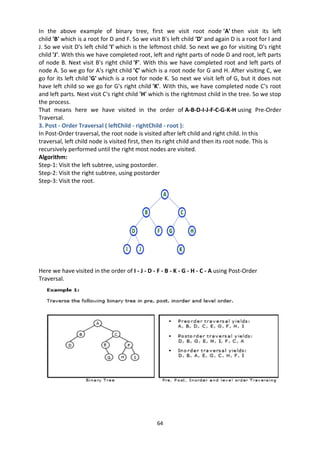 64
In the above example of binary tree, first we visit root node 'A' then visit its left
child 'B' which is a root for D and F. So we visit B's left child 'D' and again D is a root for I and
J. So we visit D's left child 'I' which is the leftmost child. So next we go for visiting D's right
child 'J'. With this we have completed root, left and right parts of node D and root, left parts
of node B. Next visit B's right child 'F'. With this we have completed root and left parts of
node A. So we go for A's right child 'C' which is a root node for G and H. After visiting C, we
go for its left child 'G' which is a root for node K. So next we visit left of G, but it does not
have left child so we go for G's right child 'K'. With this, we have completed node C's root
and left parts. Next visit C's right child 'H' which is the rightmost child in the tree. So we stop
the process.
That means here we have visited in the order of A-B-D-I-J-F-C-G-K-H using Pre-Order
Traversal.
3. Post - Order Traversal ( leftChild - rightChild - root ):
In Post-Order traversal, the root node is visited after left child and right child. In this
traversal, left child node is visited first, then its right child and then its root node. This is
recursively performed until the right most nodes are visited.
Algorithm:
Step-1: Visit the left subtree, using postorder.
Step-2: Visit the right subtree, using postorder
Step-3: Visit the root.
Here we have visited in the order of I - J - D - F - B - K - G - H - C - A using Post-Order
Traversal.
 