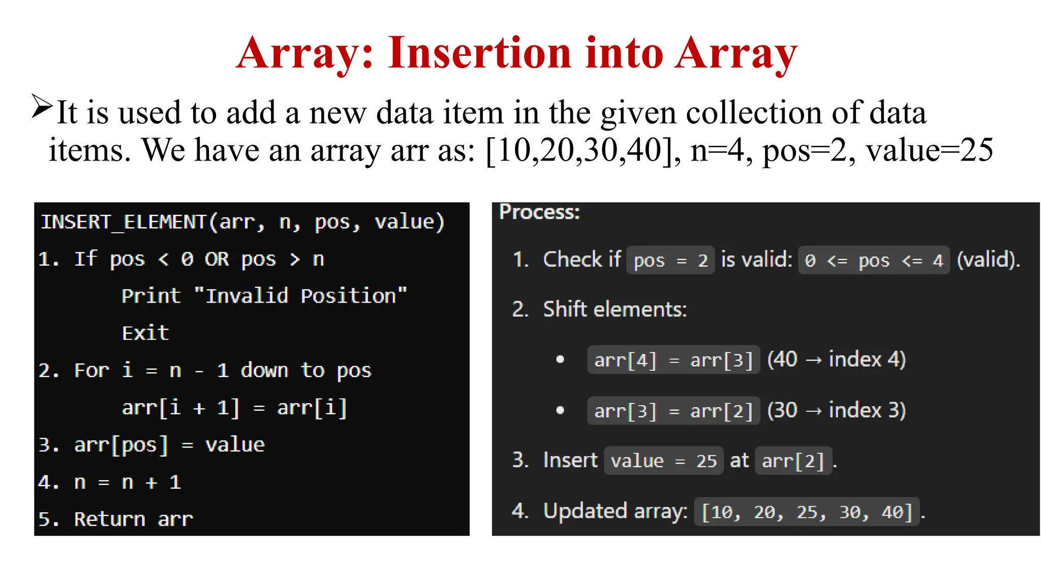Array: Insertion into Array
It is used to add a new data item in the given collection of data
items. We have an array arr as: [10,20,30,40], n=4, pos=2, value=25
 