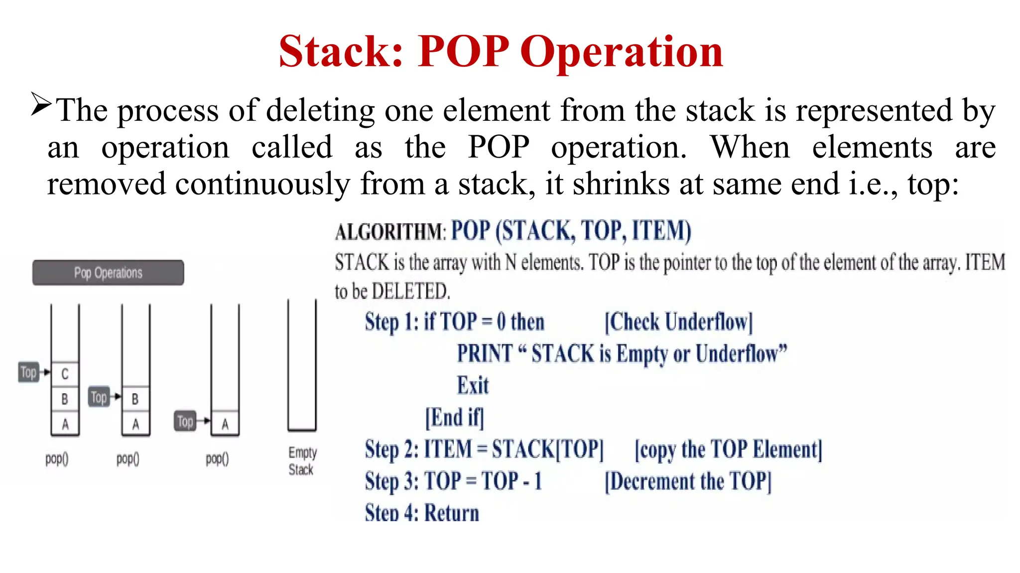 Stack: POP Operation
The process of deleting one element from the stack is represented by
an operation called as the POP operation. When elements are
removed continuously from a stack, it shrinks at same end i.e., top:
 