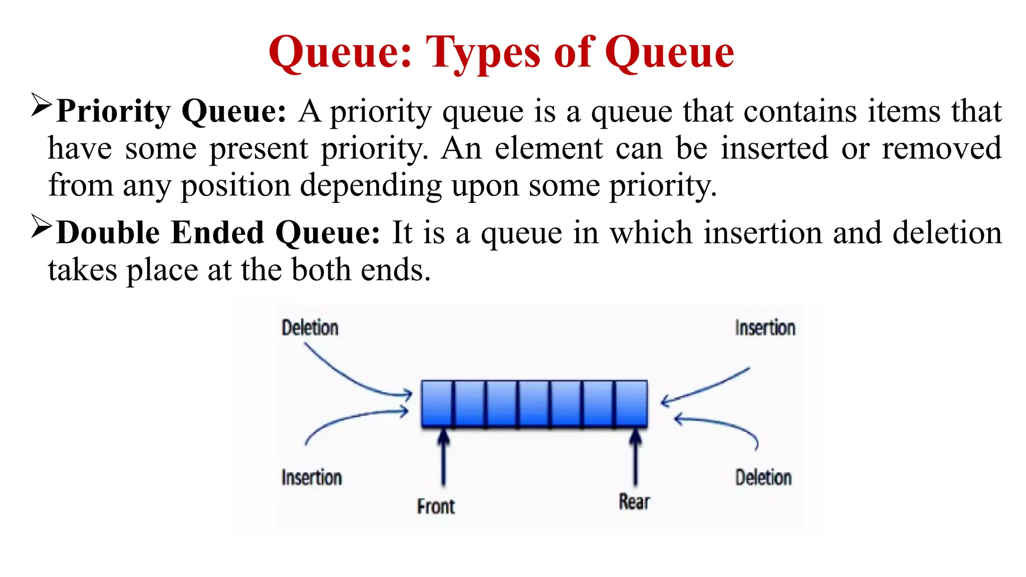 Queue: Types of Queue
Priority Queue: A priority queue is a queue that contains items that
have some present priority. An element can be inserted or removed
from any position depending upon some priority.
Double Ended Queue: It is a queue in which insertion and deletion
takes place at the both ends.
 