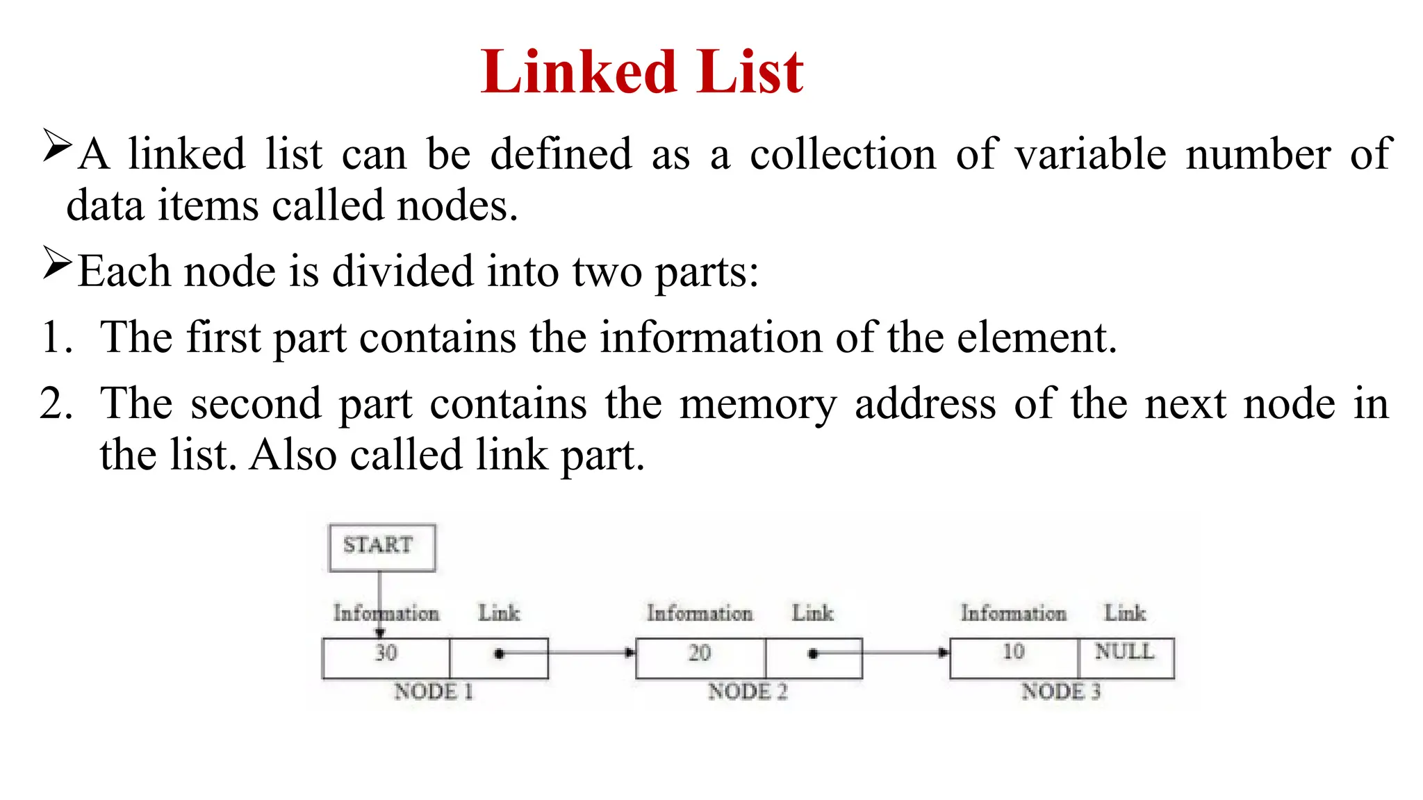 Linked List
A linked list can be defined as a collection of variable number of
data items called nodes.
Each node is divided into two parts:
1. The first part contains the information of the element.
2. The second part contains the memory address of the next node in
the list. Also called link part.
 