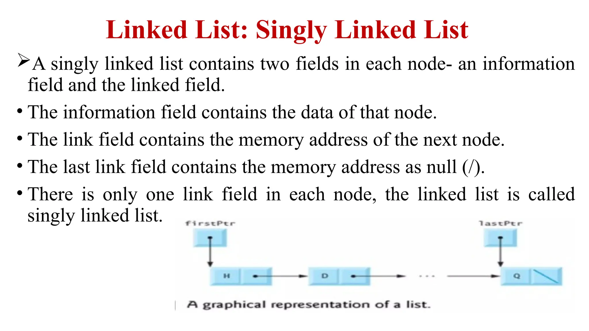 Linked List: Singly Linked List
A singly linked list contains two fields in each node- an information
field and the linked field.
• The information field contains the data of that node.
• The link field contains the memory address of the next node.
• The last link field contains the memory address as null (/).
• There is only one link field in each node, the linked list is called
singly linked list.
 