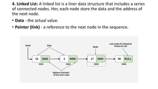 4. Linked List: A linked list is a liner data structure that includes a series
of connected nodes. Her, each node store the data and the address of
the next node.
• Data - the actual value.
• Pointer (link) - a reference to the next node in the sequence.
 