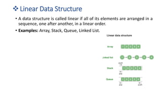 ❖Linear Data Structure
• A data structure is called linear if all of its elements are arranged in a
sequence, one after another, in a linear order.
• Examples: Array, Stack, Queue, Linked List.
 