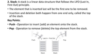 2. Stack: A stack is a linear data structure that follows the LIFO (Last In,
First Out) principle.
• The element that is inserted last will be the first one to be removed.
• Insertion and deletion both happen from one end only, called the top
of the stack.
Key Points:
• Push - Operation to insert (add) an element onto the stack.
• Pop - Operation to remove (delete) the top element from the stack.
 