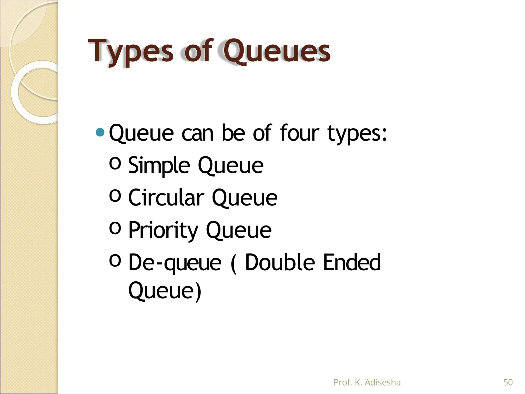 Types of Queues
Prof. K. Adisesha 50
⚫Queue can be of four types:
o Simple Queue
o Circular Queue
o Priority Queue
o De-queue ( Double Ended
Queue)
 