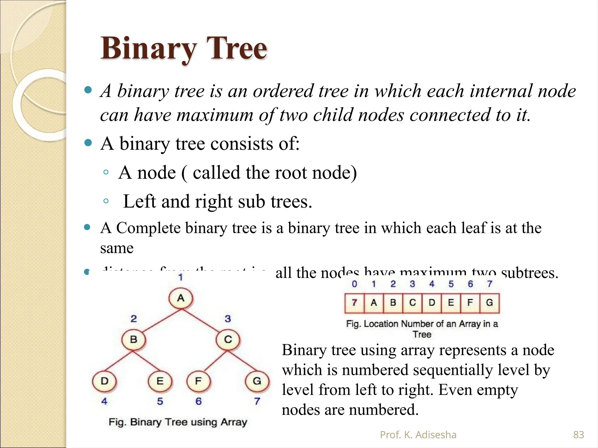 Binary Tree
⚫ A binary tree is an ordered tree in which each internal node
can have maximum of two child nodes connected to it.
⚫ A binary tree consists of:
◦ A node ( called the root node)
◦ Left and right sub trees.
⚫ A Complete binary tree is a binary tree in which each leaf is at the
same
⚫ distance from the root i.e. all the nodes have maximum two subtrees.
Binary tree using array represents a node
which is numbered sequentially level by
level from left to right. Even empty
nodes are numbered.
Prof. K. Adisesha 83
 