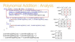 14
3 2 -4coef
3 2 1exp
𝑎𝑎 𝑥𝑥 = 3𝑥𝑥3 + 2𝑥𝑥2 − 4𝑥𝑥
1 -10 -3 1coef
8 5 3 0exp
𝑏𝑏 𝑥𝑥 = 𝑥𝑥8 − 10𝑥𝑥5 − 3𝑥𝑥3 + 1
while ((aPos < terms) && (bPos < b.terms)) {
if (termArray[aPos].exp == b.termArray[bPos].exp) {
float t = termArray[aPos].coef + b.termArray[bPos].coef;
if (t) c.NewTerm(t, termArray[aPos].exp);
aPos++; bPos++;
}
else if (termArray[aPos].exp < b.termArray[bPos].exp) {
c.NewTerm(b.termArray[bPos].coef, b.termArray[bPos].exp);
bPos++;
}
else {
c.NewTerm(termArray[aPos].coef, termArray[aPos].exp);
aPos++;
}
}
aPos
bPos
𝑐𝑐 𝑥𝑥 = 𝑥𝑥8
− 10𝑥𝑥5
+ 2𝑥𝑥2
− 4𝑥𝑥 + 1
a.termArray[aPos].exp = a.termArray[0].exp = 3
b.termArray[bPos].exp = b.termArray[2].exp = 3
∴ a.termArray[aPos].exp == b.termArray[bPos].exp
-10coef
8
1
5exp
T = 3 – 3 = 0이므로 새 항은 만들어지지 않음
 