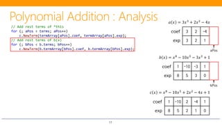 17
𝑎𝑎 𝑥𝑥 = 3𝑥𝑥3 + 2𝑥𝑥2 − 4𝑥𝑥
1 -10 -3 1coef
8 5 3 0exp
𝑏𝑏 𝑥𝑥 = 𝑥𝑥8 − 10𝑥𝑥5 − 3𝑥𝑥3 + 1
// Add rest terms of *this
for (; aPos < terms; aPos++)
c.NewTerm(termArray[aPos].coef, termArray[aPos].exp);
// Add rest terms of b(x)
for (; bPos < b.terms; bPos++)
c.NewTerm(b.termArray[bPos].coef, b.termArray[bPos].exp);
bPos
𝑐𝑐 𝑥𝑥 = 𝑥𝑥8
− 10𝑥𝑥5
+ 2𝑥𝑥2
− 4𝑥𝑥 + 1
-10 12 -4coef
08
1
5 2 1exp
3 2 -4coef
3 2 1exp
aPos
 
