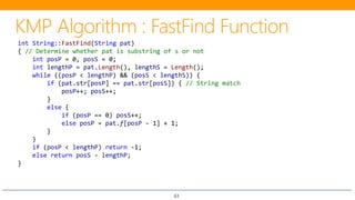 63
int String::FastFind(String pat)
{ // Determine whether pat is substring of s or not
int posP = 0, posS = 0;
int lengthP = pat.Length(), lengthS = Length();
while ((posP < lengthP) && (posS < lengthS)) {
if (pat.str[posP] == pat.str[posS]) { // String match
posP++; posS++;
}
else {
if (posP == 0) posS++;
else posP = pat.f[posP - 1] + 1;
}
}
if (posP < lengthP) return -1;
else return posS - lengthP;
}
 