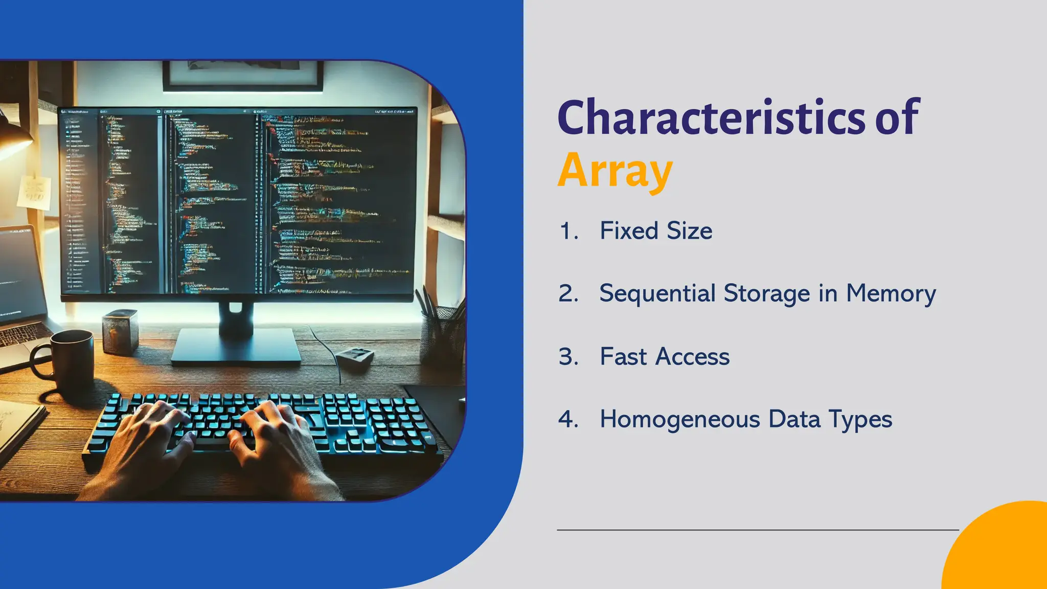 Characteristics of Array 1. Fixed Size 2. Sequential Storage in Memory 3. Fast Access 4. Homogeneous Data Types 