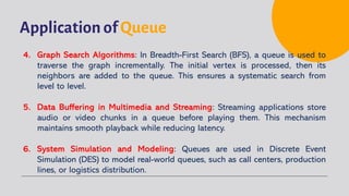Application of Queue
4. Graph Search Algorithms: In Breadth-First Search (BFS), a queue is used to
traverse the graph incrementally. The initial vertex is processed, then its
neighbors are added to the queue. This ensures a systematic search from
level to level.
5. Data Buffering in Multimedia and Streaming: Streaming applications store
audio or video chunks in a queue before playing them. This mechanism
maintains smooth playback while reducing latency.
6. System Simulation and Modeling: Queues are used in Discrete Event
Simulation (DES) to model real-world queues, such as call centers, production
lines, or logistics distribution.
 