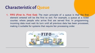 Characteristic of Queue
1. FIFO (First In, First Out): The main principle of a queue is that the first
element entered will be the first to exit. For example, a queue at a ticket
counter, where people who arrive first are served first. In programming,
incoming data must wait its turn until all previous data has been processed,
making it suitable for systems that require fair processing order.
 