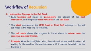 Workflow of Recursion
2. Information Storage in the Call Stack
ü Each function call stores its parameters, the address of the next
instruction, and temporary local variables in the call stack.
ü This stack operates on the LIFO (Last In, First Out) principle — the last
call made is the first one to complete.
ü The call stack allows the program to know where to return once the
recursive process finishes.
ü Example: When factorial(5) is called, the call stack stores each function call
waiting for the result of the previous one until it reaches factorial(1) as the
base case.
 