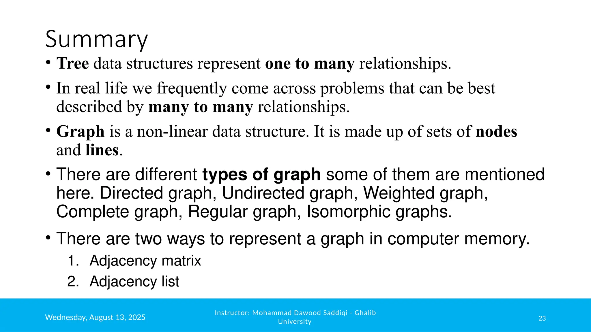 Summary
• Tree data structures represent one to many relationships.
• In real life we frequently come across problems that can be best
described by many to many relationships.
• Graph is a non-linear data structure. It is made up of sets of nodes
and lines.
• There are different types of graph some of them are mentioned
here. Directed graph, Undirected graph, Weighted graph,
Complete graph, Regular graph, Isomorphic graphs.
• There are two ways to represent a graph in computer memory.
1. Adjacency matrix
2. Adjacency list
Wednesday, August 13, 2025
Instructor: Mohammad Dawood Saddiqi - Ghalib
University 23
 
