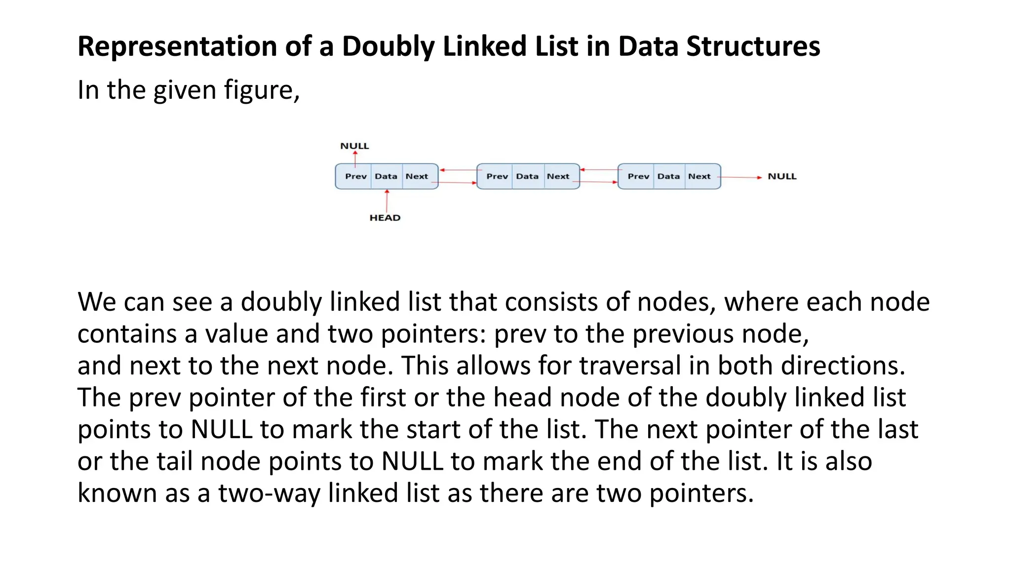 Representation of a Doubly Linked List in Data Structures
In the given figure,
We can see a doubly linked list that consists of nodes, where each node
contains a value and two pointers: prev to the previous node,
and next to the next node. This allows for traversal in both directions.
The prev pointer of the first or the head node of the doubly linked list
points to NULL to mark the start of the list. The next pointer of the last
or the tail node points to NULL to mark the end of the list. It is also
known as a two-way linked list as there are two pointers.
 