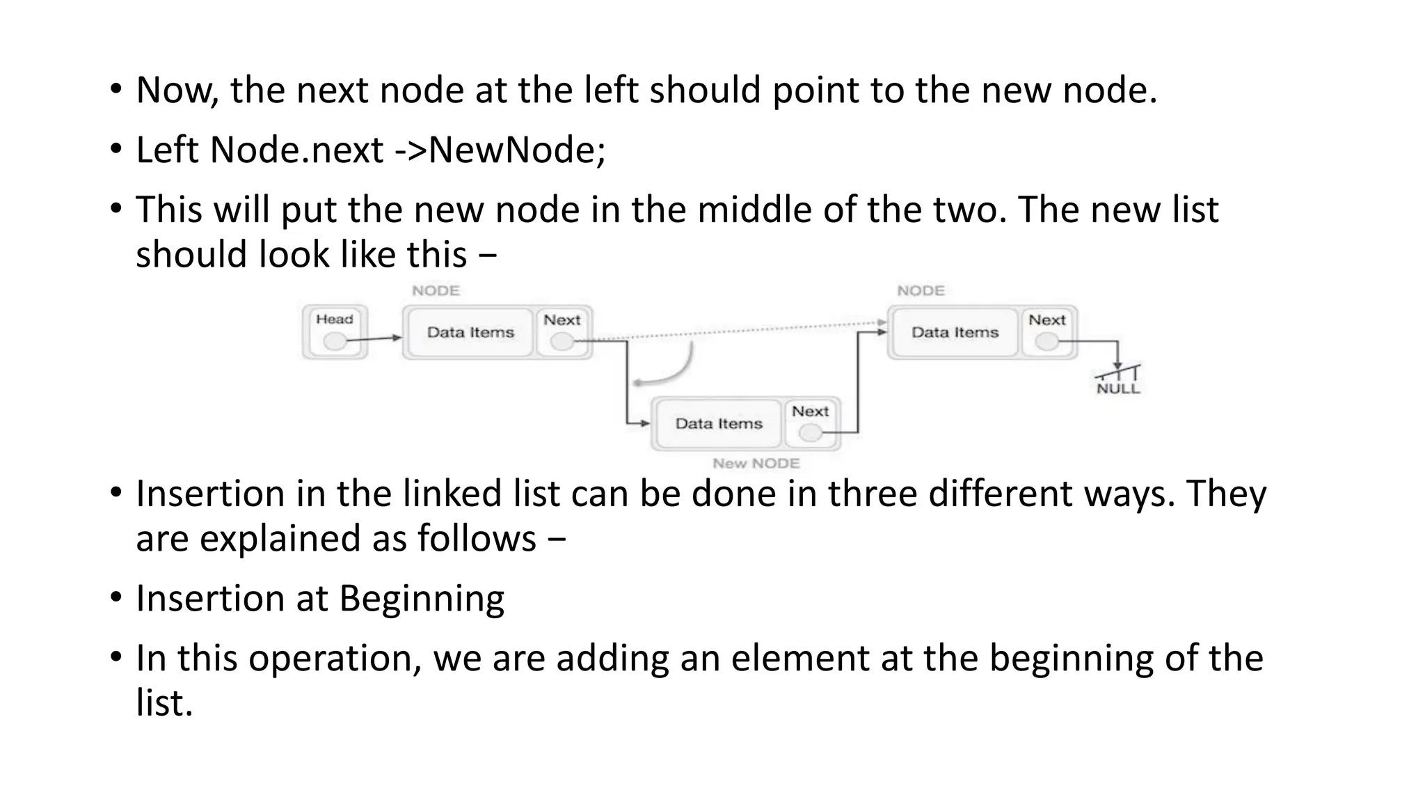 • Now, the next node at the left should point to the new node.
• Left Node.next ->NewNode;
• This will put the new node in the middle of the two. The new list
should look like this −
• Insertion in the linked list can be done in three different ways. They
are explained as follows −
• Insertion at Beginning
• In this operation, we are adding an element at the beginning of the
list.
 
