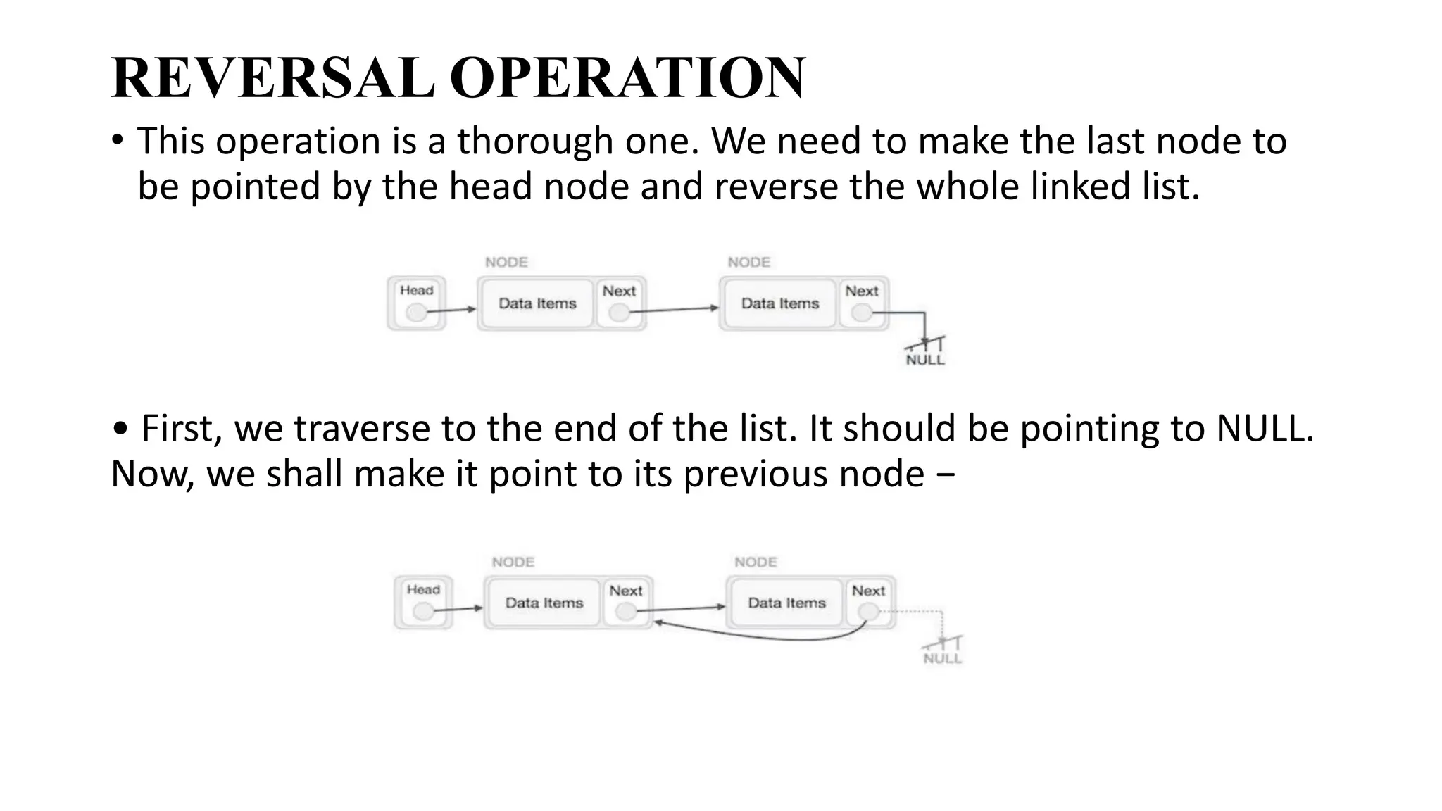 REVERSAL OPERATION
• This operation is a thorough one. We need to make the last node to
be pointed by the head node and reverse the whole linked list.
• First, we traverse to the end of the list. It should be pointing to NULL.
Now, we shall make it point to its previous node −
 