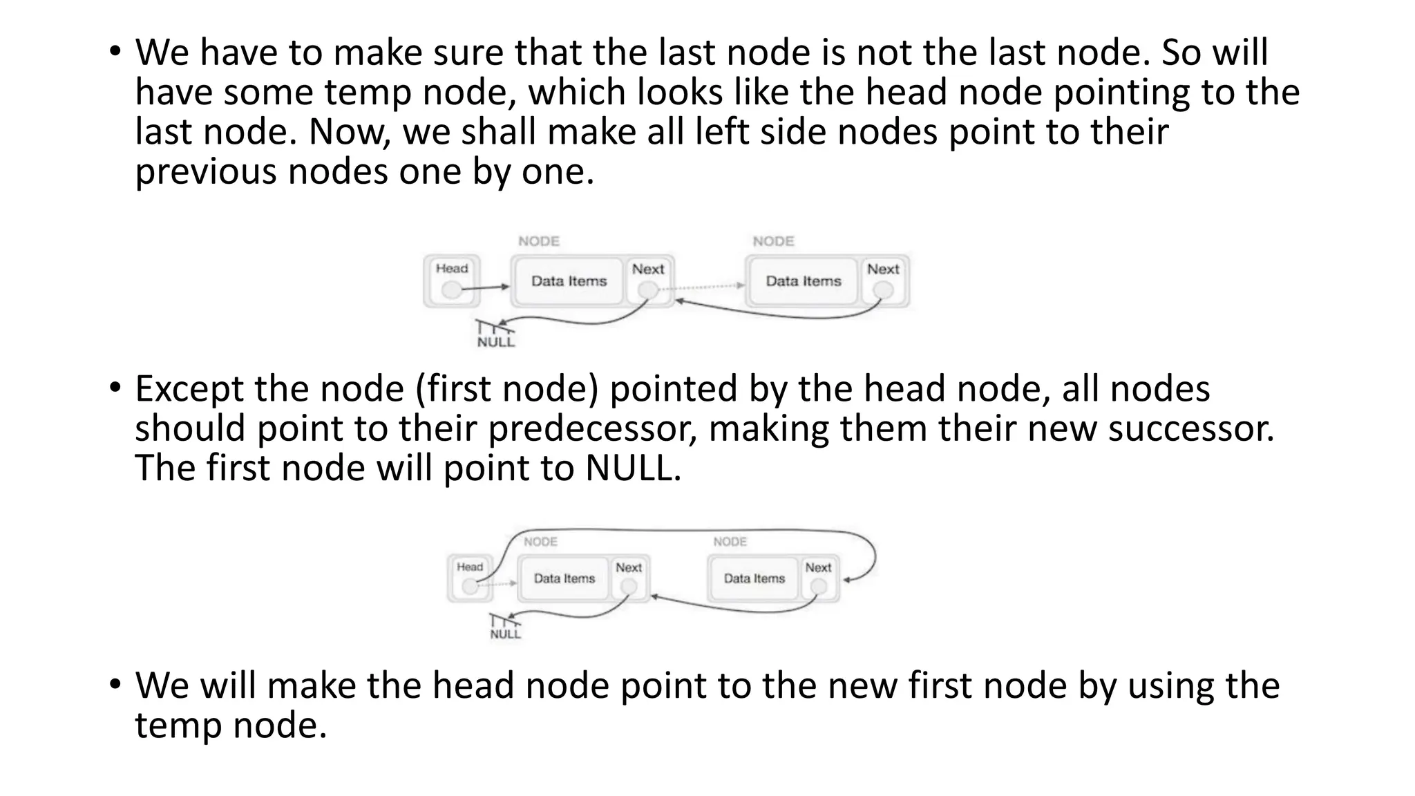 • We have to make sure that the last node is not the last node. So will
have some temp node, which looks like the head node pointing to the
last node. Now, we shall make all left side nodes point to their
previous nodes one by one.
• Except the node (first node) pointed by the head node, all nodes
should point to their predecessor, making them their new successor.
The first node will point to NULL.
• We will make the head node point to the new first node by using the
temp node.
 