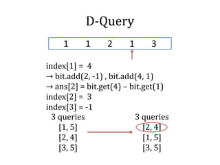 D-Query
1 1 2 1 3
3 queries
[1, 5]
[2, 4]
[3, 5]
3 queries
[2, 4]
[1, 5]
[3, 5]
index[1] = 4
→ bit.add(2, -1) , bit.add(4, 1)
→ ans[2] = bit.get(4) – bit.get(1)
index[2] = 3
index[3] = -1
 